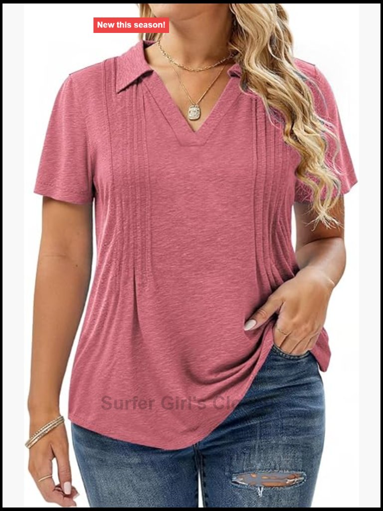 Plus Size Collared V Neck Polo Short Sleeve Pleated Tunic Blouse